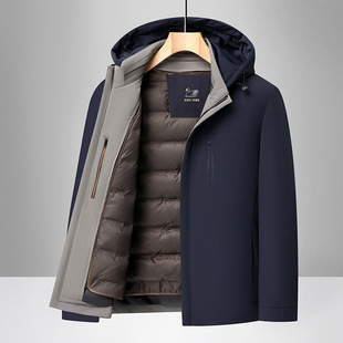 90白鸭绒内胆可脱卸男士羽绒服冬季商务中老年爸爸外套灰色黑色
