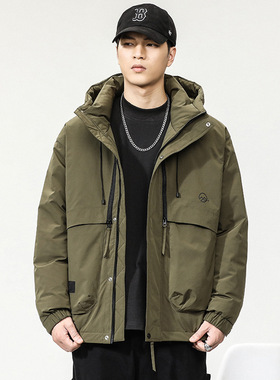 冬季90鸭绒羽绒服男宽松大码保暖工装冲锋衣男士休闲连帽羽绒外套