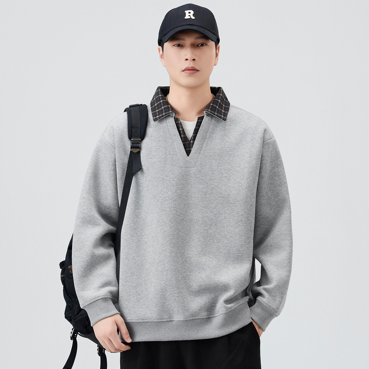 假两件撞色日系复古潮牌领打底衫情侣款微宽松舒适套头上衣男