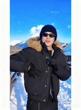 黑色高充绒量连帽羽绒服男冬季高级感内里加绒加厚防寒派克服外套