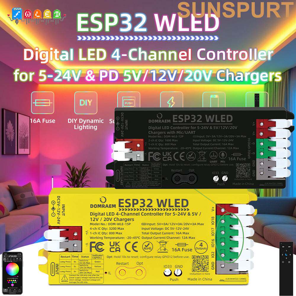 ESP32 WLED灯条控制器麦克风下载音乐动态模式幻彩灯带 PD供电4路