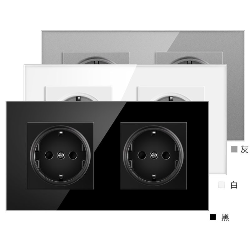 欧标86型联体德式玻璃面板16A墙壁电源插座157二位插座外贸,电子/电工,电视插座,淘宝优惠券,粉丝福利购,淘宝优惠卷