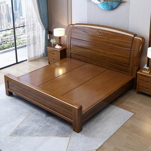 胡桃木全实木床1米8双人新中式轻奢主卧室1米5单人储物高箱木大床