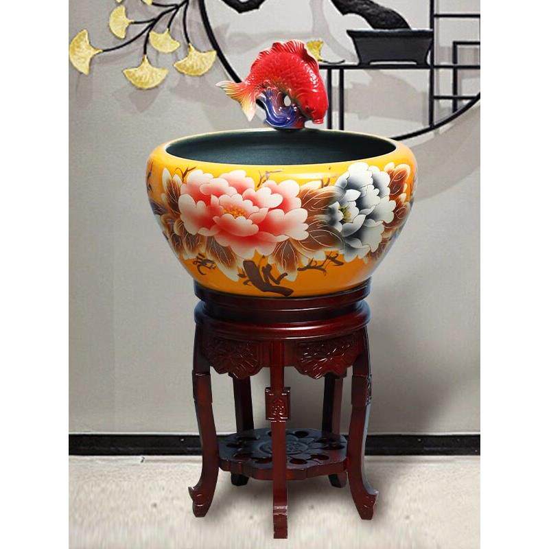 2024新款陶瓷鱼缸循环流水景德镇加湿养金鱼缸荷花牡丹办公室客厅