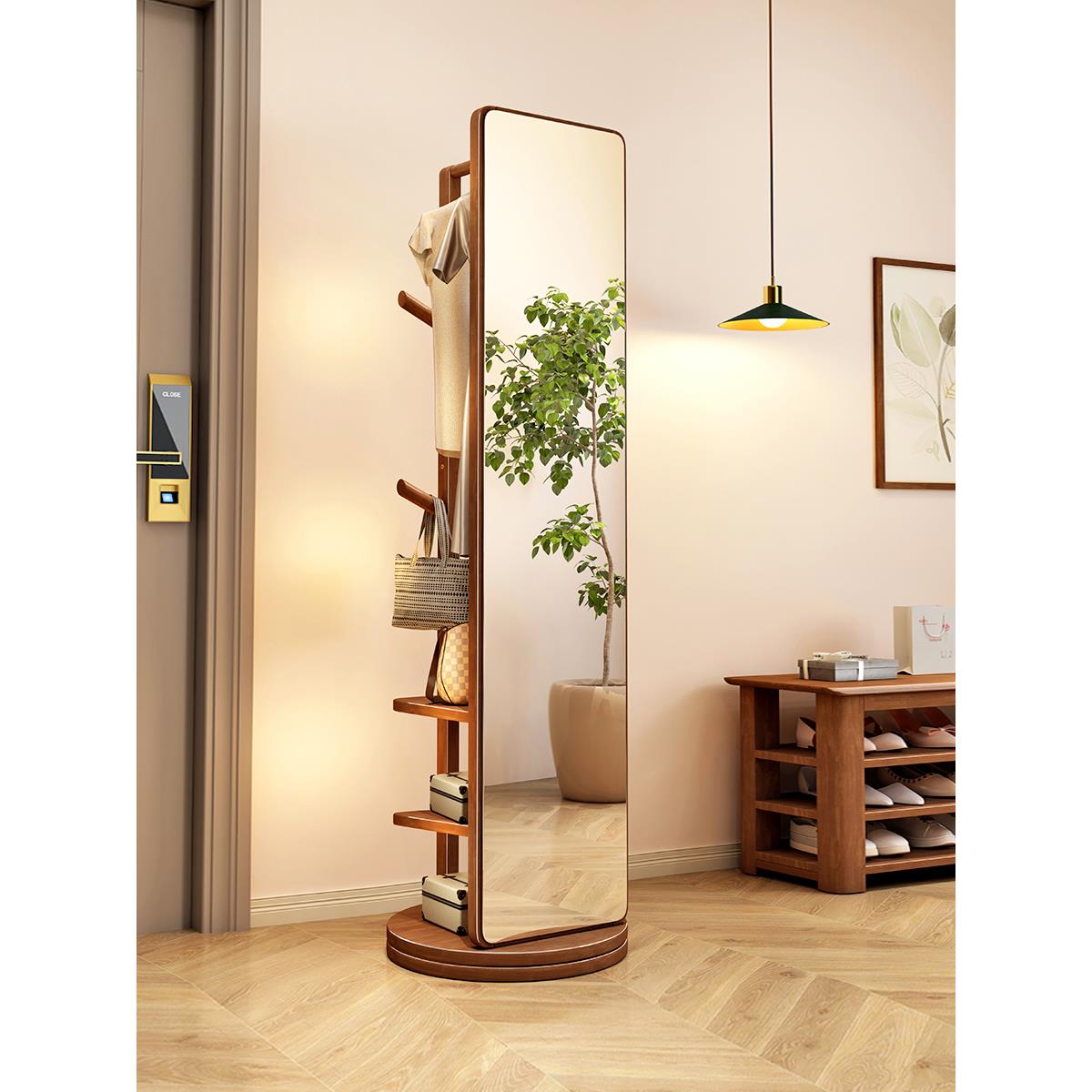 实木全身镜落地家用穿衣镜卧室可旋转移动试衣镜带挂衣架一体镜子
