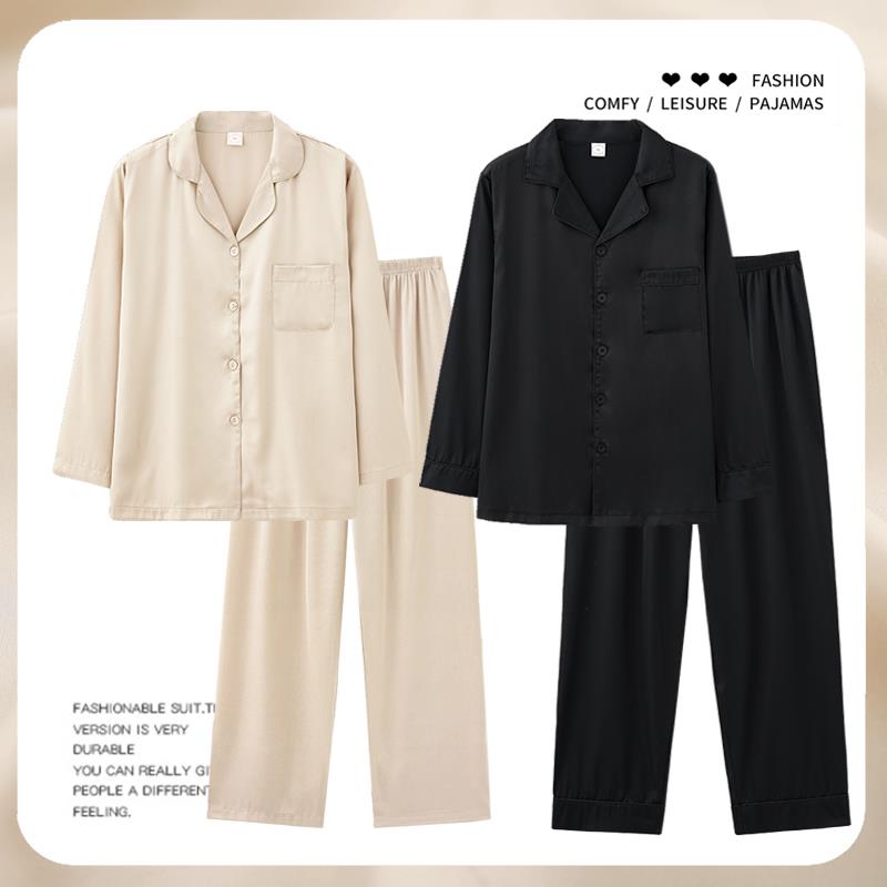 芝桃鸟春秋季冰丝睡衣情侣黑色男仿真丝绸香槟女款家居服套装秋款