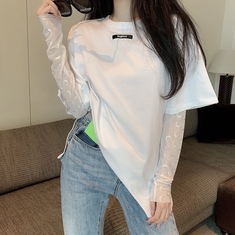 白色月亮网纱防晒衫女2022春蕾丝衫/雪纺衫