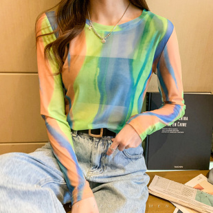 网纱长袖 防晒绿色打底衫 t恤2022夏季 修身 上衣 新款 韩国东大门女装