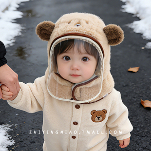 宝宝帽子围巾一体帽秋冬季毛绒帽可爱超萌加厚保暖外出防风护耳帽