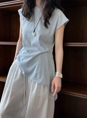 鹿西 韩版简约修身系带短袖女夏季新款收腰不规则下摆T恤上衣