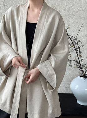 日系中长款道袍休闲风开衫外套女秋季新款纯色绑带风衣8503