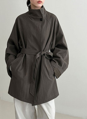 鹿西 英伦风立领廓形工装外套女秋季新款系带中长款休闲风衣3731