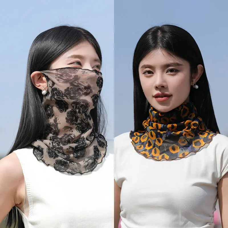 防晒面纱女夏天遮阳防紫外线全脸口罩护颈脖套小丝巾围脖挂耳面罩