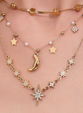 谜丽18K金锆石八芒星多配件锁骨项链不锈钢气质百搭首饰女不掉色