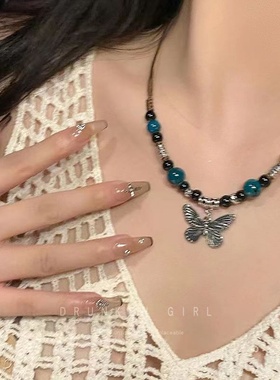 新中式斑点绿蝴蝶项链女复古民族风轻奢小众锁骨链搭配汉服饰品