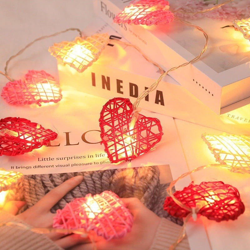 彩色心型装饰灯串闪灯串灯藤编爱心灯串宿舍房间卧室藤球灯少女心