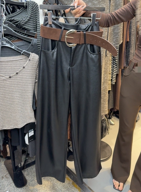 十三行现货2025秋新款韩版时尚高腰显瘦直筒阔腿皮裤女S68180W168