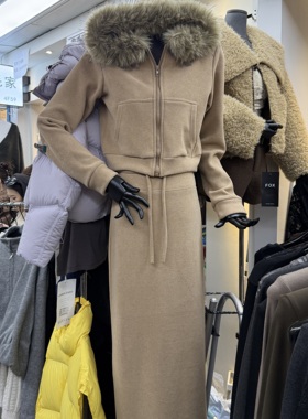 十三行现货2025冬季新款韩版加绒毛领外套半身裙套装s68708w334