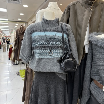 韩版森系复古针织半高领半袖毛衣