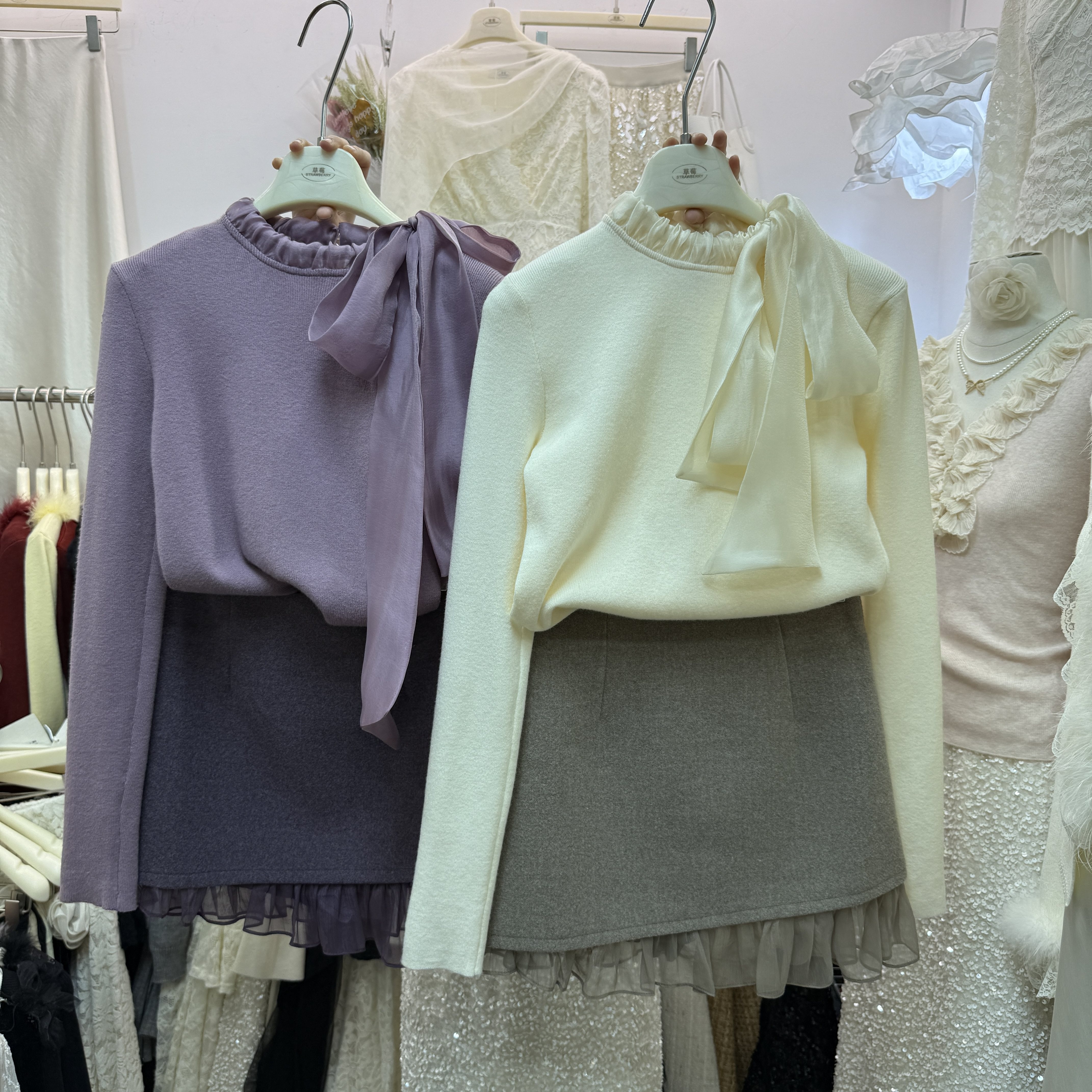 十三行现货2025冬新款韩版系带领针织衫网纱拼接半身裙s68920w134,女装/女士精品,时尚套装,淘宝优惠券,粉丝福利购,淘宝优惠卷