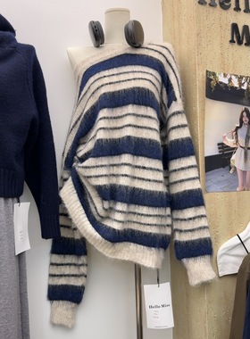 十三行现货2025秋冬新款韩版圆领慵懒风条纹针织毛衣S68618W156