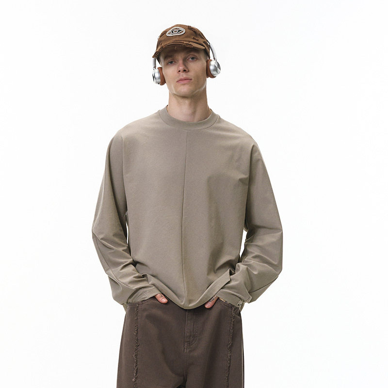 简约宽松剪裁长袖T恤秋季新品美式街头弯刀袖休闲上衣打底衫男ins