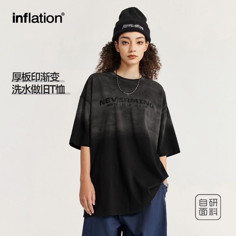 INF渐变洗水做旧字母印花圆领T恤春夏新品潮牌街头宽松短袖体恤男