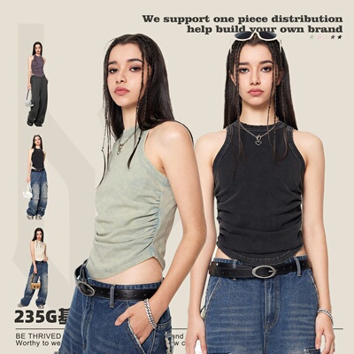 春夏新款美式街头辣妹风女装背心街头潮牌甜辣性感纯欲褶皱背心女