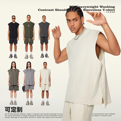 春夏新品270G复古水洗做旧开叉无袖背心街头宽松潮牌纯色汗衫上衣