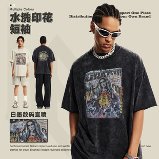 美式潮牌青少年自由印花圆领体恤街头复古宽松纯棉水洗短袖t恤男