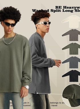 INF|春秋新品460G水洗重磅长袖t恤ins美式复古纯色宽松开叉卫衣男