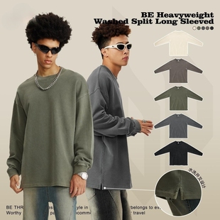 INF|春秋新品460G水洗重磅长袖t恤ins美式复古纯色宽松开叉卫衣男