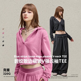 美式复古辣妹风V领褶皱短款帽衫体恤秋冬半开领散边连帽长袖T恤女