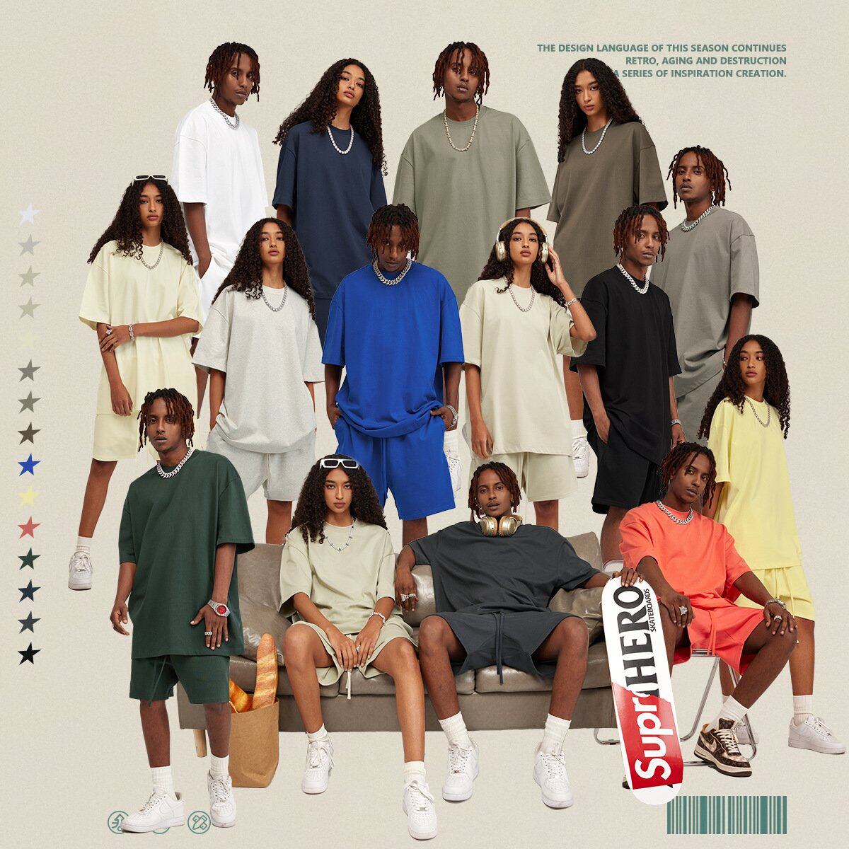 305G重磅大地色落肩纯色短袖街头ins潮牌oversize宽松百搭男女T恤