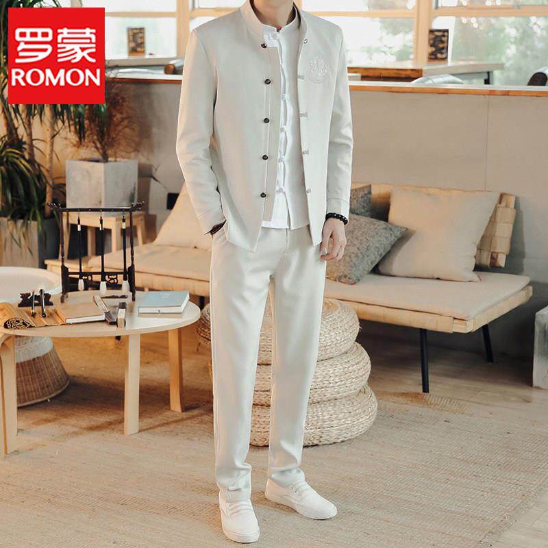 罗蒙春秋季中国风男装套装汉服复古风刺绣修身中山装青年唐装外套