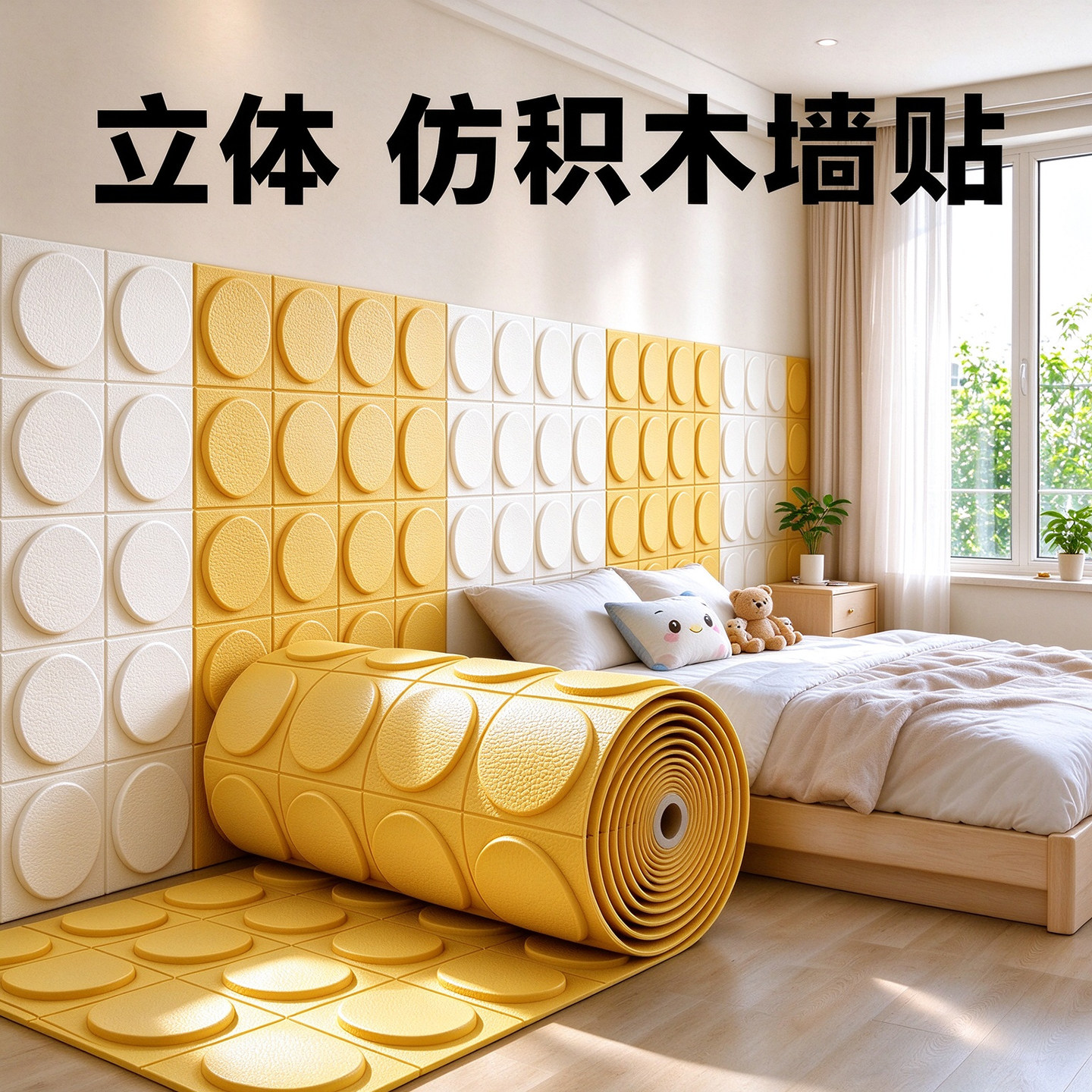 儿童房墙面装饰护墙贴防撞软包卧室床头墙壁贴纸3d立体浮雕墙纸厚