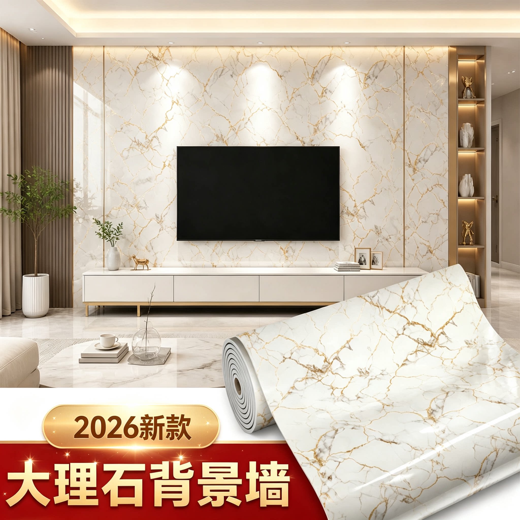 电视背景墙自粘仿大理石墙壁贴纸护墙板高级感客厅墙面装饰快装板