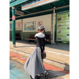 一生罗曼【黑白千鸟】法式复古黑白格半身裙女秋冬高腰A字伞裙