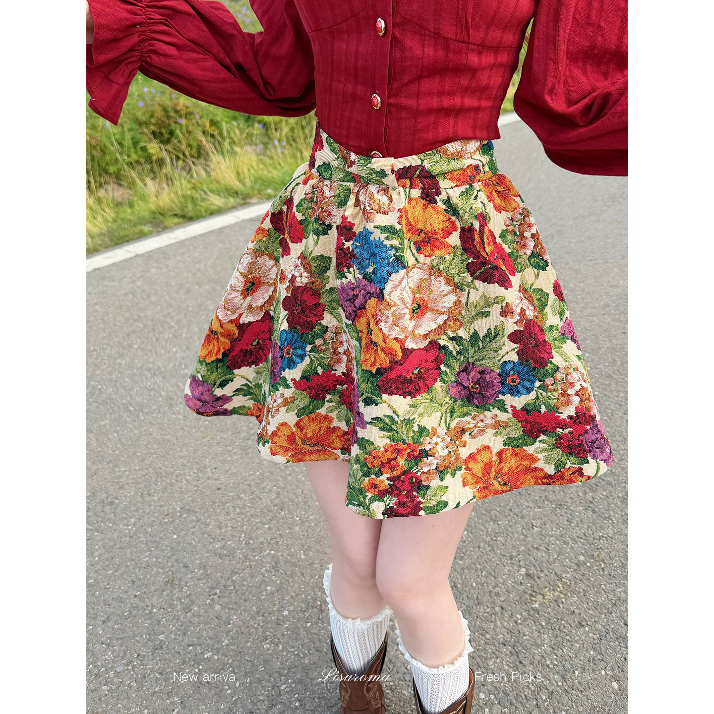 一生罗曼【大丽花】法式油画提花半身短裙女秋季高腰显瘦半裙