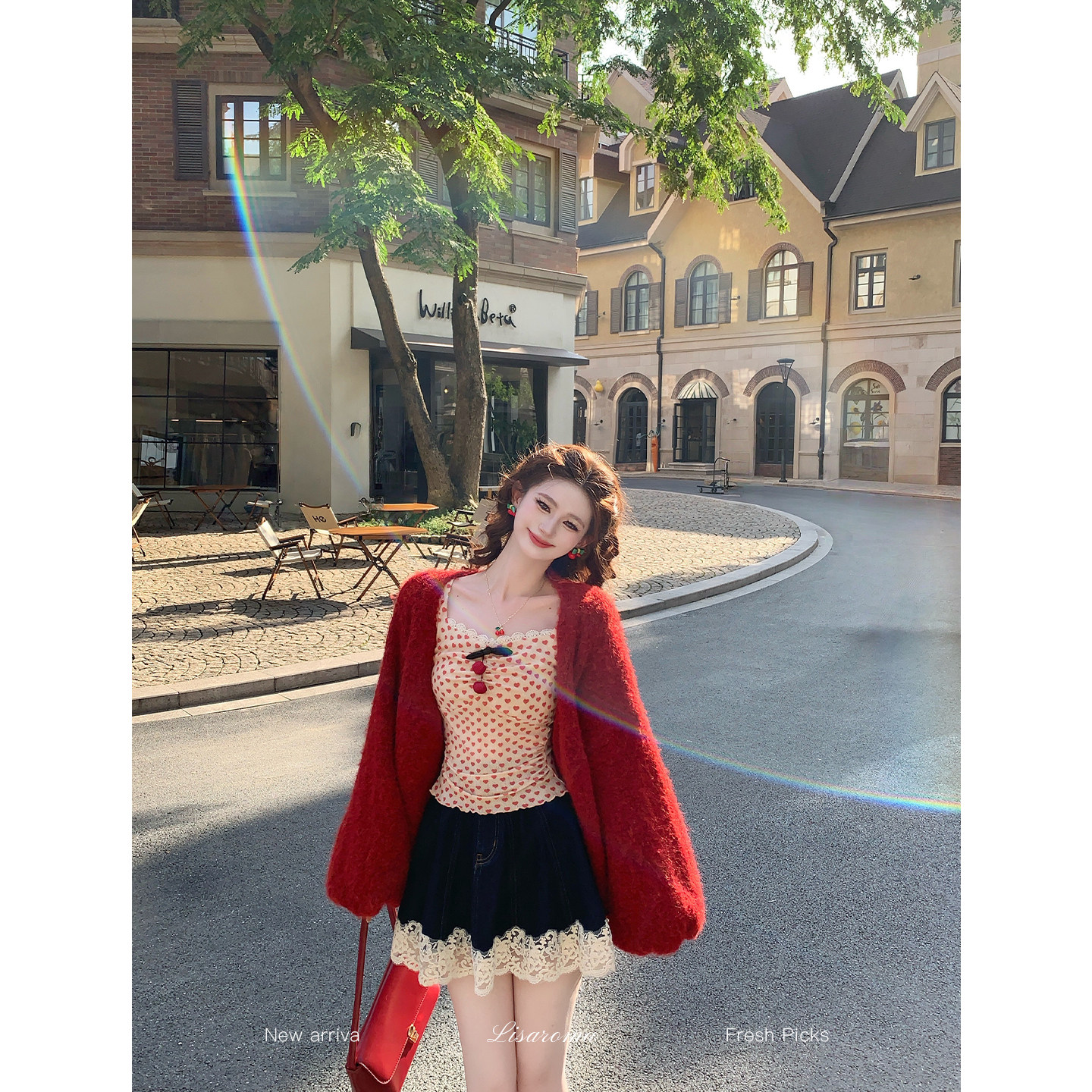 一生罗曼【红枫】法式复古酒红色针织开衫女秋宽松灯笼袖毛衣外套图片