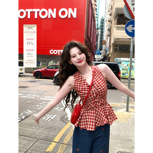 法式复古红色无袖背心女春季新款