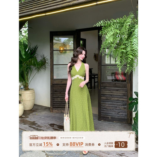 现货一生罗曼【橄榄】法式复古V领波点显瘦连衣裙女夏季新款长裙