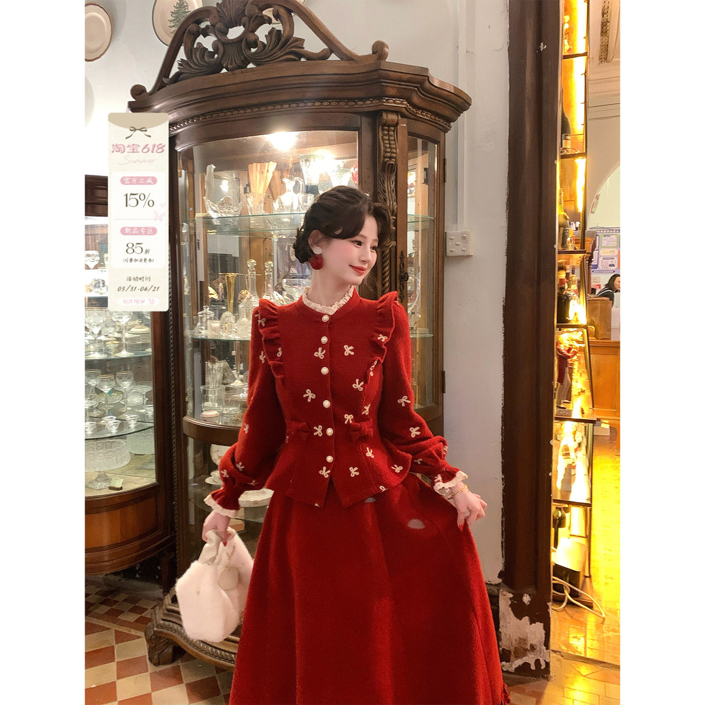 现货一生罗曼【新年礼物】法式复古圣诞套装女秋冬呢子礼服两件套