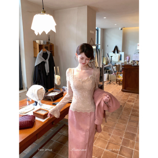 一生罗曼【柔花序】法式复古裸色V领花边蕾丝上衣女秋冬收腰小衫