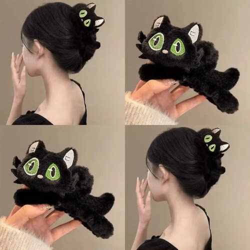 可爱毛绒猫咪抓夹女2026新款呆萌后脑勺盘发发夹高级感鲨鱼夹头饰