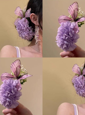 超仙紫色仿真蝴蝶花朵发夹女2025新款侧边夹发卡氛围感鸭嘴夹头饰