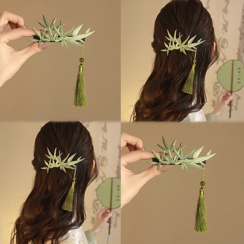 新中式绿竹流苏发夹女2025新款国风侧边夹后脑勺盘发一字夹子头饰