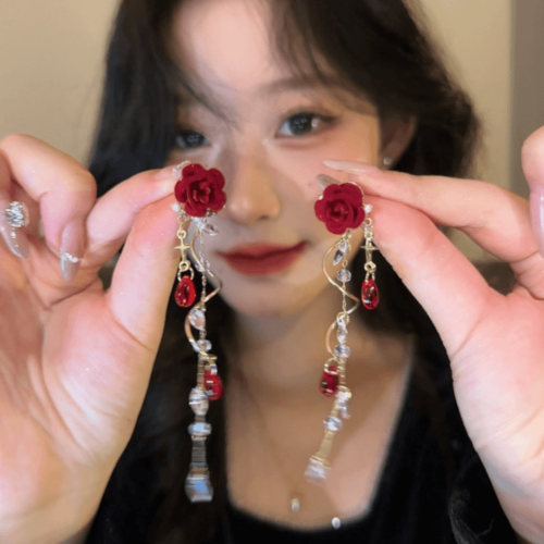 玫瑰恋人~红色闪钻长流苏耳钉女2025新款轻奢气质耳环高级感耳饰