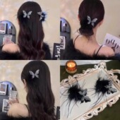 黑色蝴蝶结羽毛发夹女秋冬侧边刘海夹发卡高级感后脑勺鸭嘴夹头饰