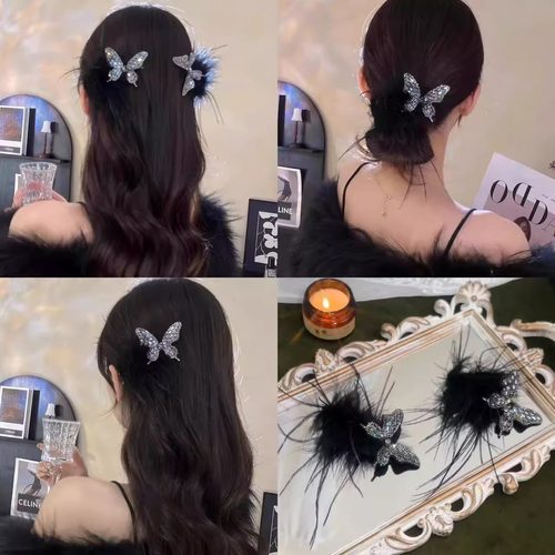 黑色蝴蝶结羽毛发夹女秋冬侧边刘海夹发卡高级感后脑勺鸭嘴夹头饰
